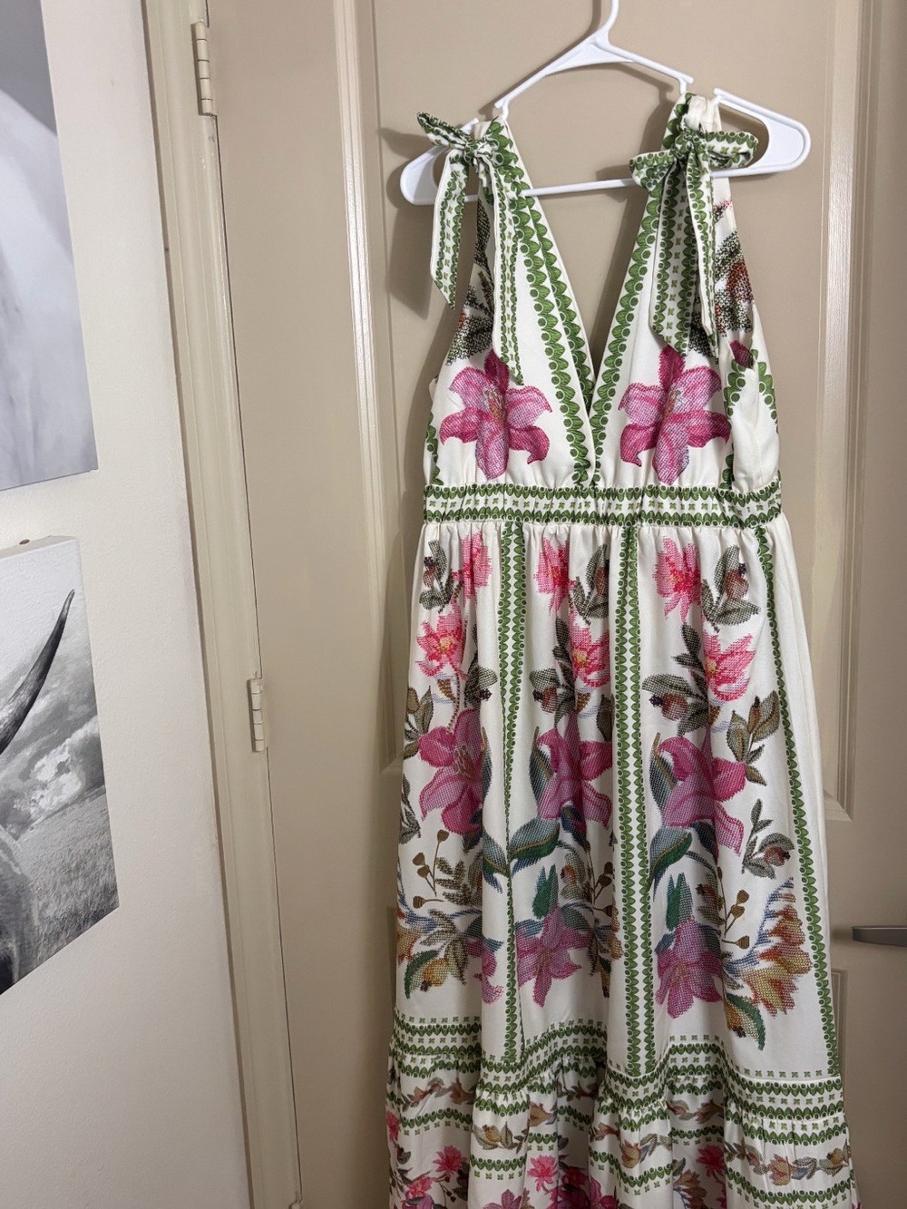 Women’s Floral Tie-Shoulder Maxi Dress - White & Pink - Picture 2 of 3